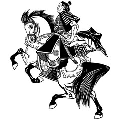 Asian cavalry warrior. Japanese Samurai horseman sitting on horseback, wearing medieval leather armor. Medieval East Asia soldier riding a pony horse in the gallop. Side view. Black and white vector 