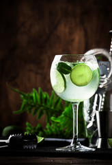 Royal mojito, alcoholic cocktail with white rum, prosecco, lime, mint and ice in wine glass with bar tools