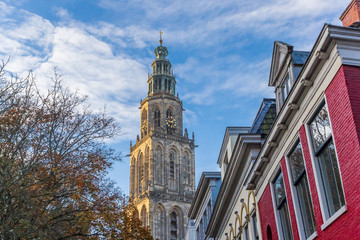 Sunset over the Martini church tower in Groningen, Netherlands