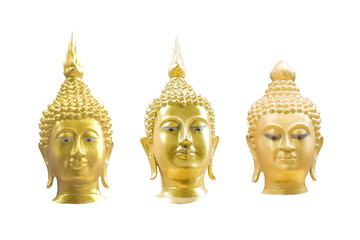 Three Buddha gold head isolated on white background. Object with clipping path.