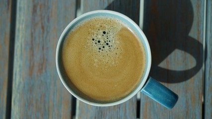 close up top view on cup of coffee with foam