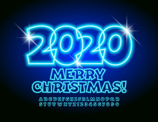 Vector creative greeting card Merry Christmas 2020 with neon Alphabet. Blue Uppercase Font. Glowing electric Letters and Numbers