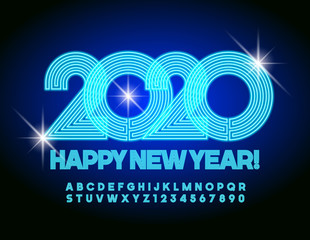 ector creative greeting card Happy New Year 2020 with blue neon Font. Uppercase Handwritten Alphabet. Glowing shiny Letters and Numbers