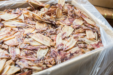 dried cuttlefish ,dried squid in Thailand market ,seafood background ,seafood market, traditional raw food