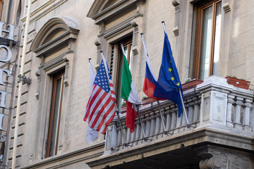 flags in front of building