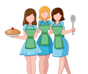 Womans in maid dress. Housewife maid and company workers. Cartoon vector illustration.
