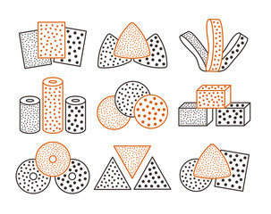 Sandpaper sheets, discs, rolls, triangles. Vector illustration of sanding abrasive paper. Colorful line icon set of glasspapers. Isolated objects