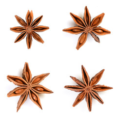 Star anise. Set of four star anise fruits. Closeup Isolated on white background without shadow, top view of chinese badiane spice or Illicium verum.
