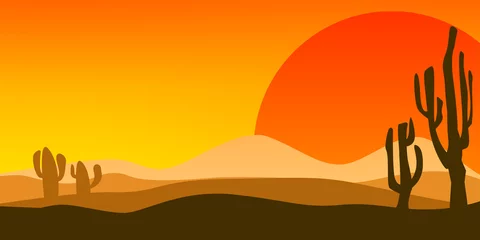 Fototapete Orange Desert landscape at sunset with cactus