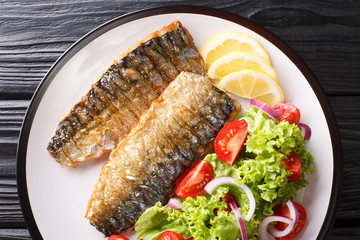 Portion of grilled mackerel fillet with lemon and fresh vegetable salad close-up on a plate. Horizontal top view