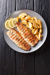 Serving of grilled mackerel fillet with potato wedges and lemon closeup on a plate. Vertical top...