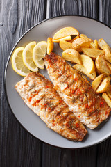 Spicy tasty grilled mackerel filet with potato wedges and lemon close-up on a plate. Vertical top view