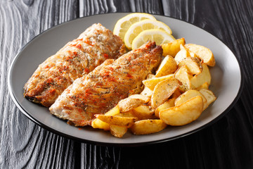 grilled fish mackerel fillet with a side dish of fried potatoes close-up on a plate. horizontal