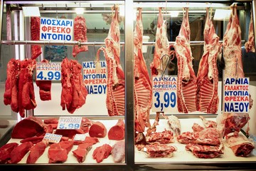 Raw meat in a Greek market