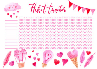 tracker habits for a month with watercolor pink illustration: love, hearts. planner with cute illustrations