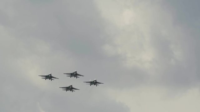 Group of flanker fighters in formation during air show