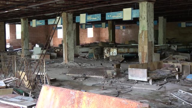Chernobyl zone, Ukraine - 8th of August 2019: 4K Visit to Pripyat Ghost Town - Viewing remains of one of the first supermarkets in the former Soviet Union