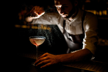 Attractive bartender serving a cocktail in the glass spraying on it with a lemon juice