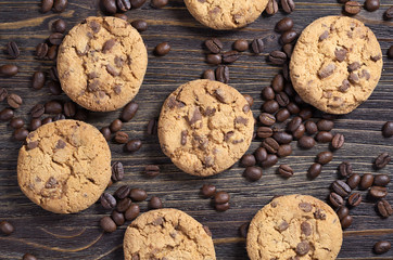 Chocolate chip cookies and coffee beans