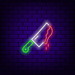 Neon knife icon with blood on a dark brick background.