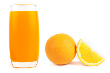 fresh orange and orange juice in glass on white background