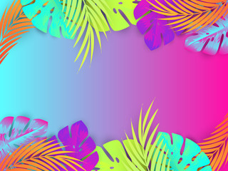 Fototapeta na wymiar Colorful Tropical Paper Cut Exotic Tree Leaves with Gradient Colorful Background Hawaiian Jungle, Summertime Background for Designs Web Designs Banners
