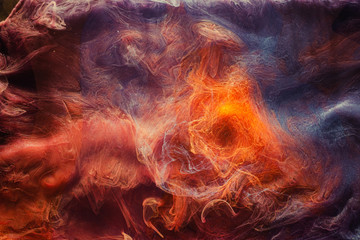 Fototapeta na wymiar Mist flow background. Mysterious aura. Purple orange glitter smoke.