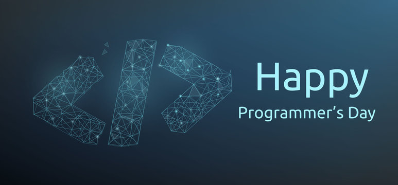 Happy programmer day banner with code symbol in polygonal wireframe style. Vector illustration.