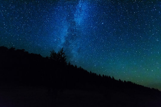 Night photos in the Ukrainian Carpathian Mountains with a bright starry sky and the Milky Way