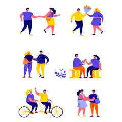 Fototapeta premium Set of flat people lonely girl surrounded by happy romantic couples characters. Cartoon tiny people on street isolated on white background. Flat vector Illustration. Collection people characters.