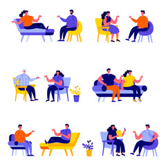 Set of flat people married couples sitting on chairs or lying on sofa characters. Cartoon tiny people on street isolated on white background. Flat vector Illustration. Collection people characters.