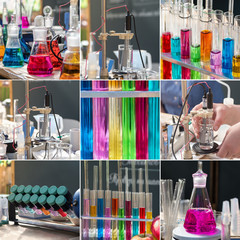 Chemical collage with different photos of the tests for the determination of nitrates in the fruit...