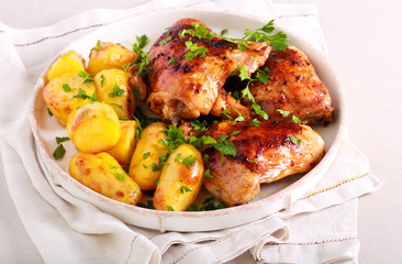 Roast chicken thighs and roast potatoes