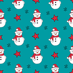 Christmas seamless pattern with snowman, fir trees and snowflakes. Perfect for wallpaper, wrapping paper, pattern fills, winter greetings, web page background