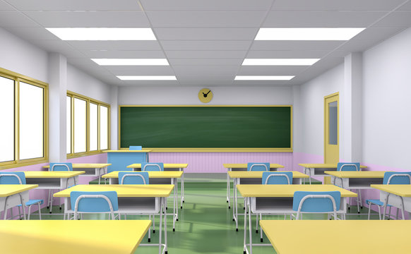 Cartoon style classroom interior concept with colorful school desks and chair ,empty blackboard,door and window-3d render