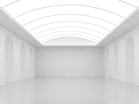 White background with modern interior room 3d render,There are white tile floors,white paint walls and arch fluorescent ceilings.