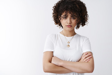 Explain yourself. Displeased angry young attractive girlfriend gloomy look camera disappointed...