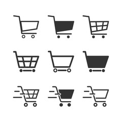 Set of black cart icons, Symbols of shopping, and checkout. Design element on white background. Fast feeling. Online shopping concept. Vector illustration.