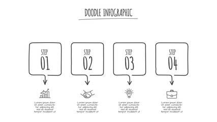 Doodle infographic abstract elements with 4 options. Hand drawn icons. Thin line illustration.