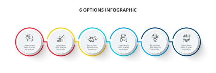 Thin color lines with 6 white circles. Six circles infographic elements. Business template for presentation