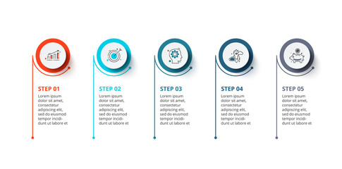 Infographic illustration with 5 steps or options. Thin color lines with white circles. Business template for presentation