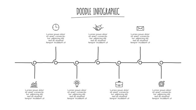Doodle infographic timeline with 7 options. Hand drawn icons. Thin line illustration