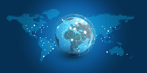 Abstract Blue Futuristic Modern Style Cloud Computing, Networks Structure, Telecommunications Concept Design, Network Connections with Earth Globe - Vector Illustration