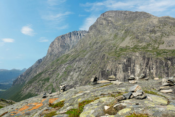 Mountain rock landscape, Norway, Trolls' Path (Trollstigen) district.