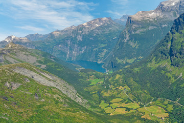 Lake green landscape from Dalsnibba mountain, Geiranger fjord, Norway