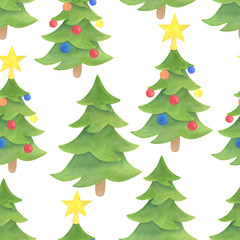 Watercolor decorated Christmas tree seamless pattern. Hand drawn evergreen plants, balls, star topper isolated on white background. Spruce backdrop for design, cards, kids illustration, wrapping paper