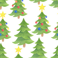 Fototapeta premium Watercolor decorated Christmas tree seamless pattern. Hand drawn evergreen plants, balls, star topper isolated on white background. Spruce backdrop for design, cards, kids illustration, wrapping paper