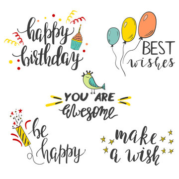 Set of hand lettered phrases for birthday card