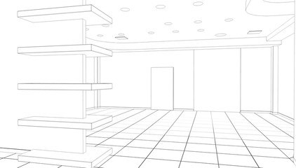 empty pavilion, contour visualization, 3D illustration, sketch, outline