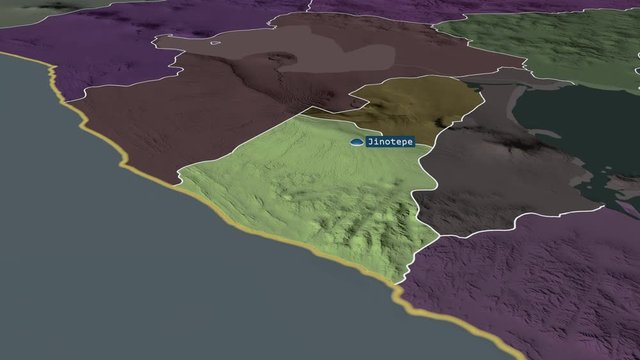 Carazo - department of Nicaragua with its capital zoomed on the administrative map of the globe. Animation 3D